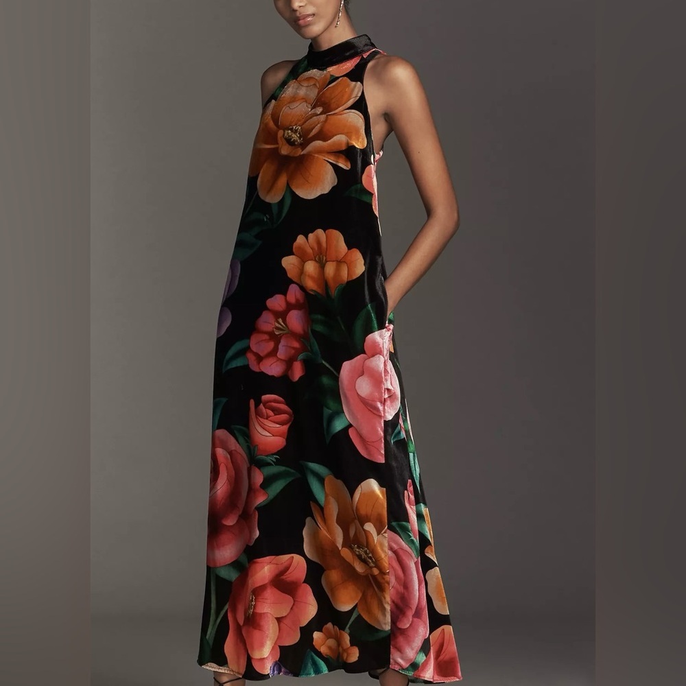 NWT Size S - Farm Rio Mock-Neck Floral light Velvet Midi Dress (NWT US$ 298)